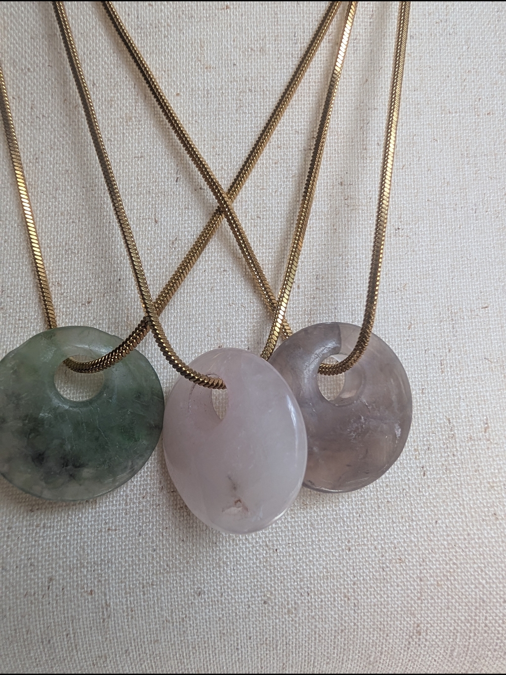 Gold Chain Three-Stone Quartz Pendant Necklaces - Pink, Green, Gray - Picture 14 of 14